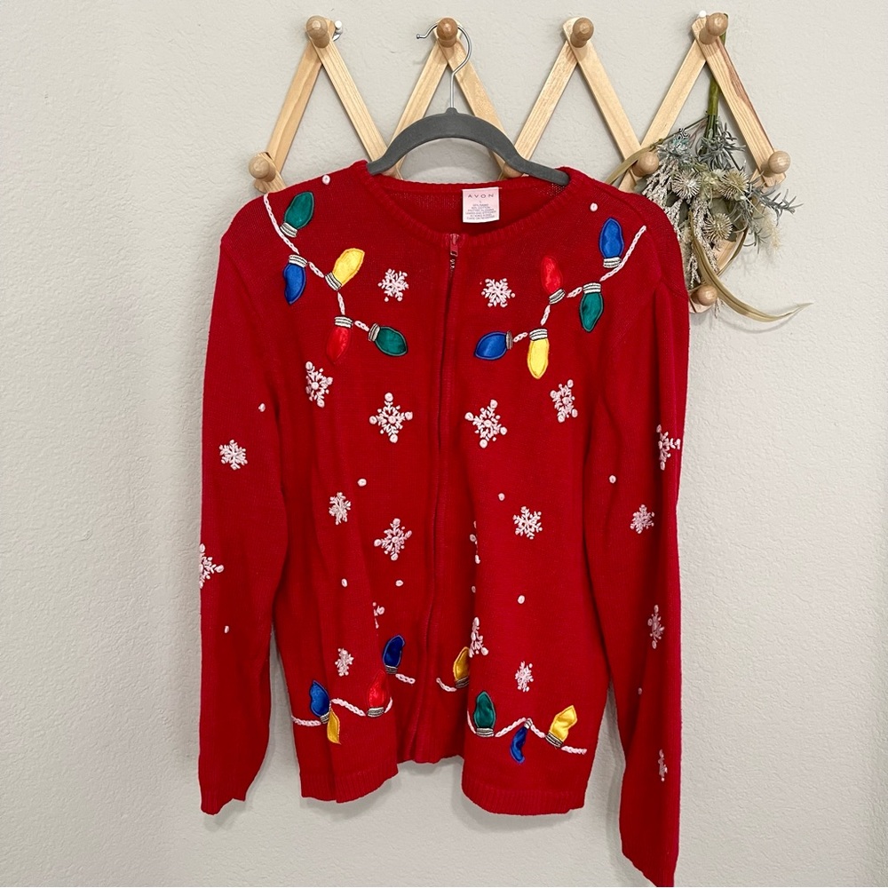 Vintage Holiday Zip Up Red Christmas Lights Sweater Cardigan L